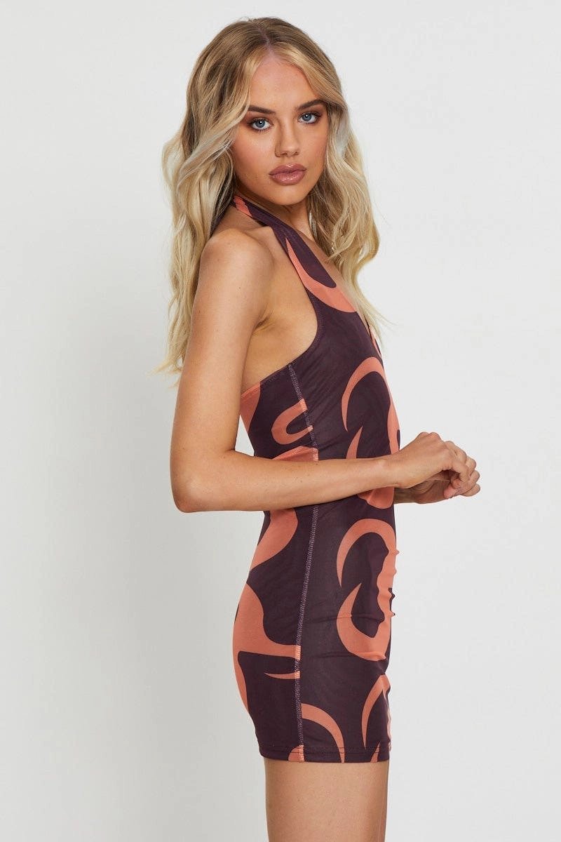 Abstract Print Mini Dress Halter Neck