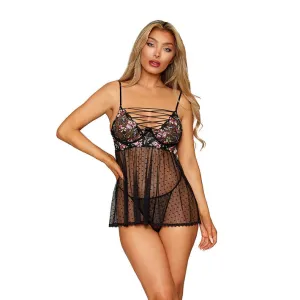 Crisscross Embroidered Babydoll & G-String